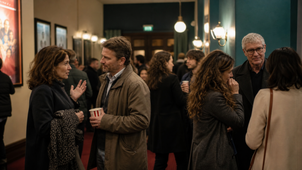 небольшой европейский кинотеатр и зрители обсуждают комедию в фойе