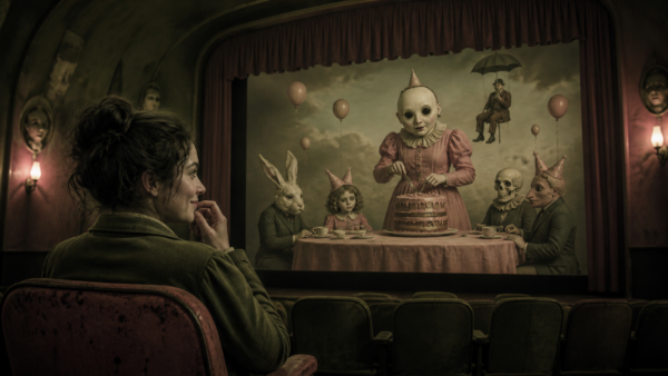 одинокий зритель улыбается в тёмном кинозале на фоне сюрреалистической сцены